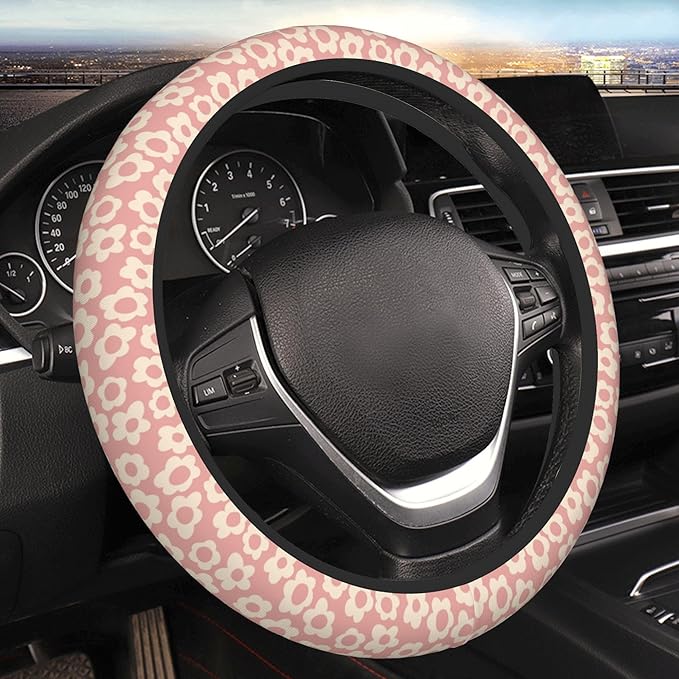 Vintage Pink Flower Steering Wheel Cover Cute Universal 15 Inch Car Accessories Protector for Women Fit Auto SUV Sedan Vans Trucks
