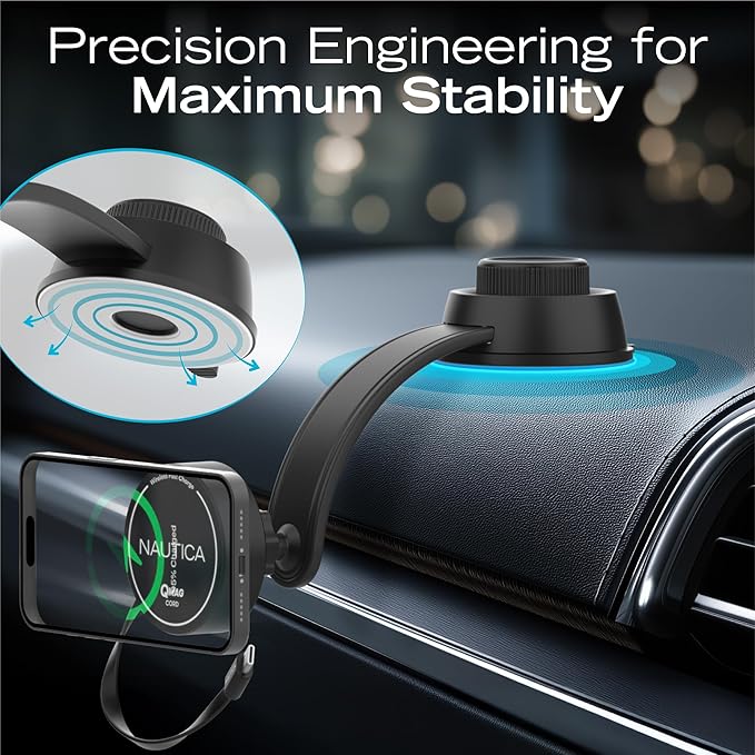 Nautica Turan QMAG Cord - Wireless Magnetic Car Charger 15W with Built-in Retractable USB-C Cable, Universal Fast Charging Phone Mount, Dashboard & Vent Mount for iPhone 17, Galaxy S25, Pixel 10
