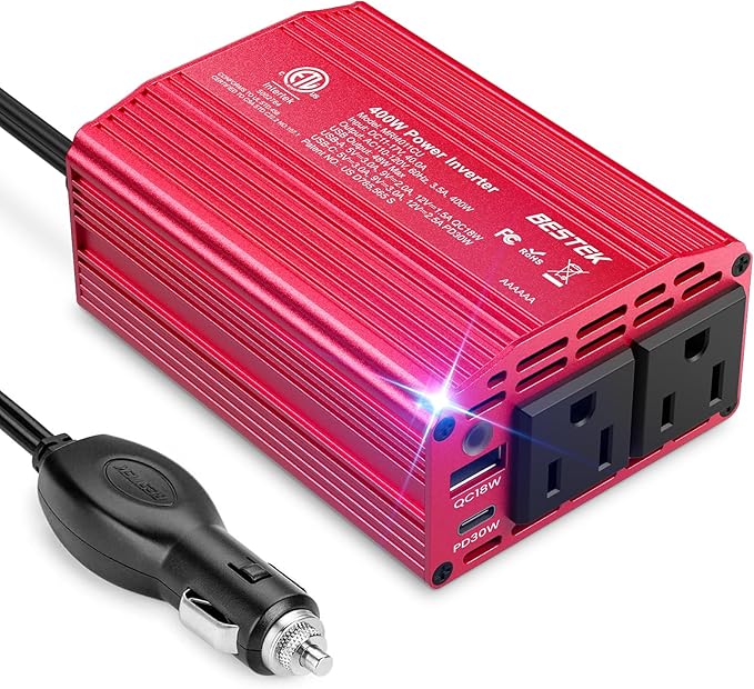 Bestek 400W Car Power Inverter for Vehicles – DC 12v to AC 110v Car Plug Adapter Outlet with PD 30W USB-C &USB-A 3.0 Fast Charging, Car Charger Cigarette Lighter Adapter for Laptop, Road Trip, Camping