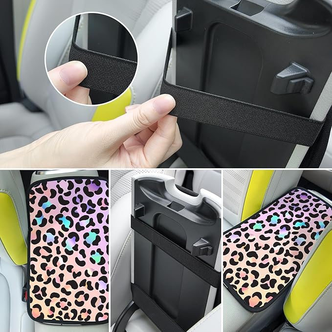 Pink Gradient Leopard Auto Center Console Pad,Car Armrest Pad Car Armrest Seat Box Cover Protector for Most Cars