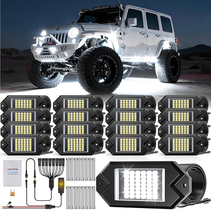 Hovano 16Pods Alloy White Rock Lights Kits with Extension Wires,6000K Pure White Color 42 LED Super Bright Chips IP68 Waterproof Underglow Kit for Pickup Off Road Trucks SUV ATV UTV Golf Car Boat