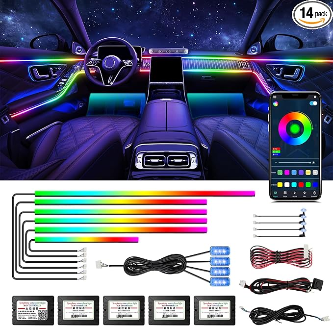 Dreamcolor Acrylic Interior Car LED Strip Light with Wireless APP Control, RGB 14-in-1 Ambient Lighting Kit with Music Sync, Dynamic Color Chasing Neon Light Kits for Car Interior