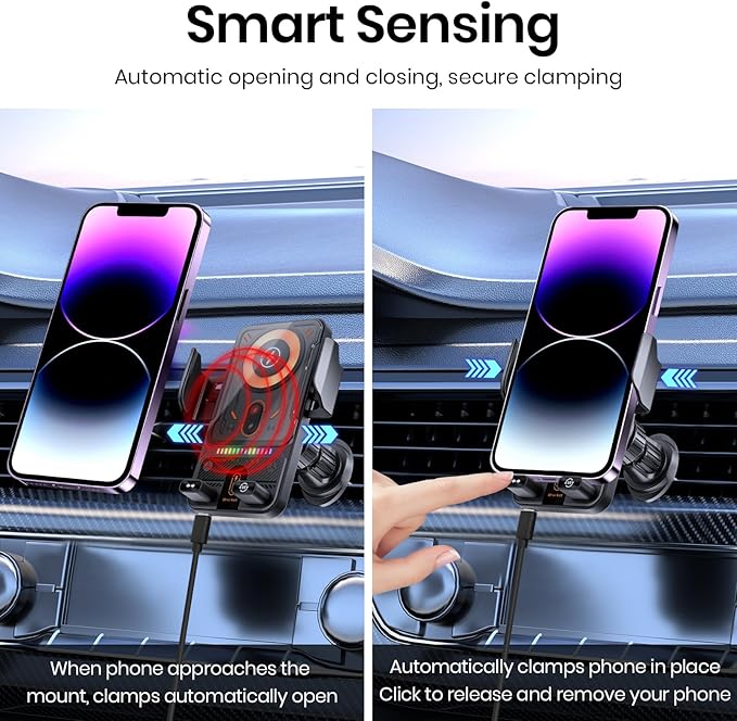 Car Phone Holder with 15W Wireless Car Charger, Car Vent Mount with Induction Opening and Closing, Air Vent Phone Stand with Horizontal and Vertical Screen Rotation Adjustment for iPhone -Sliver