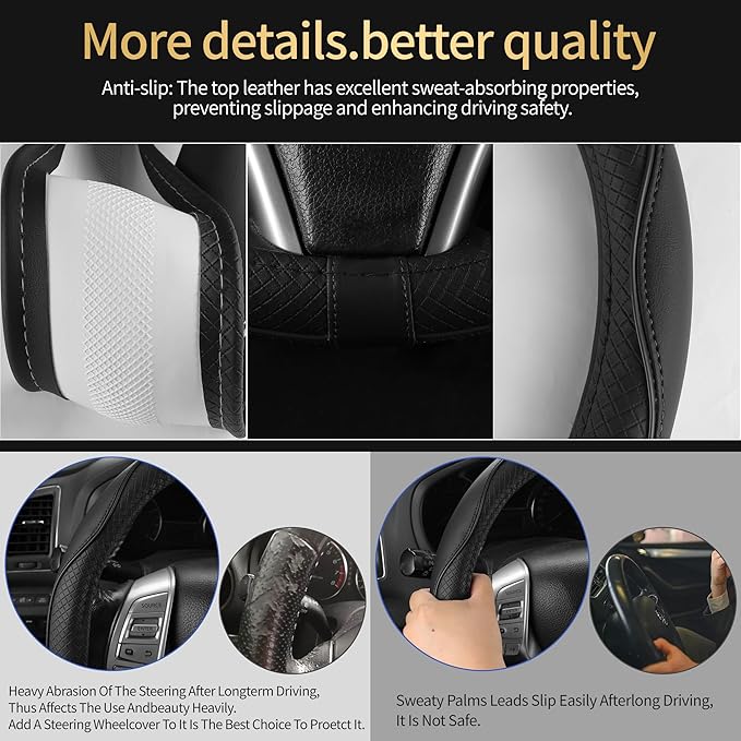 Leather Car Steering Wheel Cover,Anti-Slip, Safety, Soft, Breathable, Heavy Duty, Thick, Full Surround, Sports Style,Universal Car Accessories for Women Men Fit 14" 1/2-15"(Black)