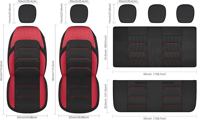 CAROMOP 3D Air Mesh Car Seat Covers Full Set,Breathable and Durable Seat Covers for Cars,Split Bench Compatible,Universal Fit for SUV,Vans,sedans, Trucks, Automotive Interior Covers(5-Seat Black/Red)