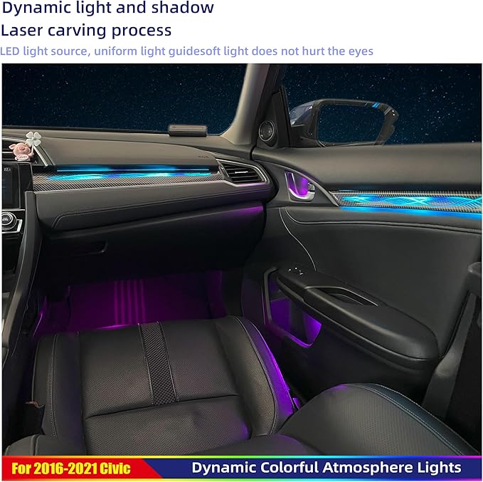 Ambient Lighting Kit Custom for 10th Gen Honda Civic - 256 Color LED Interior Car Lights with Carbon Fiber Trim, APP Control, Plug-&-Play Installation for Doors/Dashboard/Footwell (2016-2021)