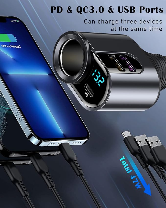 LIHAN USB C Car Charger, 12V/24V Cigarette Lighter Socket Splitter with 3 USB Ports, PD 30W Fast Charging, Compatible with iPhone, Galaxy, iPad, GPS, and More