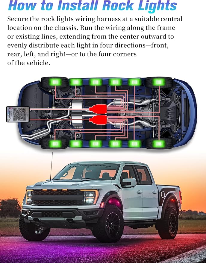12 Pods RGB LED Rock Lights with APP/RF Remote Control High Brights Waterproof Underglow Multicolor Zone Neon Exterior Rock Lights for 12V Trucks Jeep UTV ATV RZR Offroad Pickup SUV Accessory