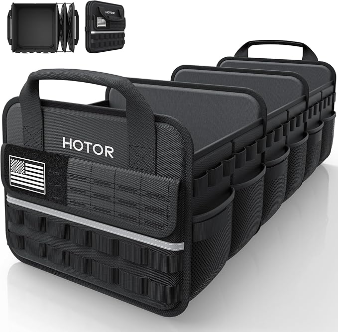 HOTOR Tactical Car Trunk Organizer - Foldable Trunk Organizer for SUV with Front MOLLE Pocket & Reflective Strips, Essential Car Accessories for Tools & Outdoor Storage, 11.6" x 31.9" x 11.0", Black