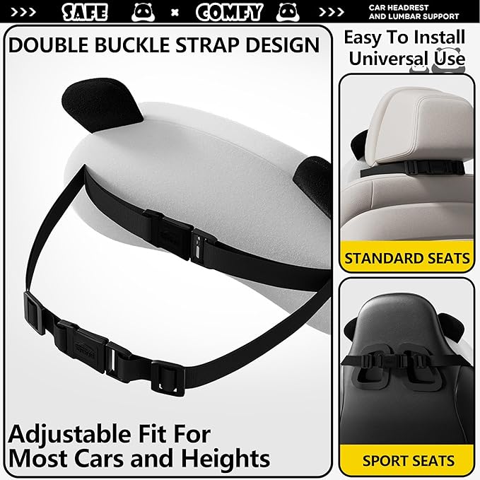 Cute Panda Car Neck Pillow & Lumbar Support Memory Foam Cushion for Driving Adjustable Headrest Waist Pillow for Most Seats (Brown, Headrest & Backrest)
