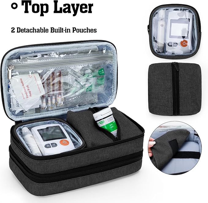 CURMIO Insulated Insulin Cooler Travel Case, Double Layer Diabetic Supplies Storage Bag with Detachable Pouches for Diabetic Medication and Ice Packs, Black, Empty Bag Only