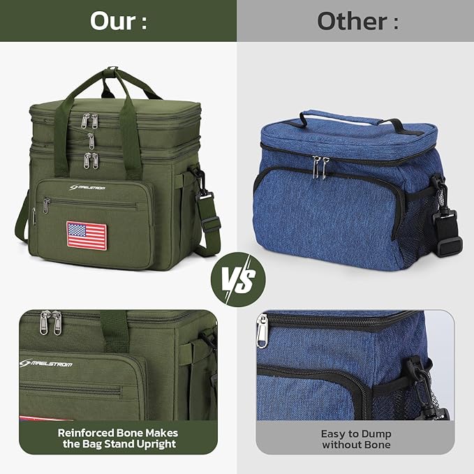 Maelstrom Lunch Box, 23L Insulated Lunch Bag, Expandable Double Deck Cooler Bag, Lightweight Leakproof Tote Bag With Side Tissue Pocket, Suit For Men and Women (G.Army Green with DIY Hook-and-Loop)