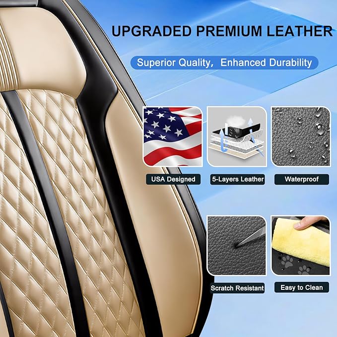 Fit HR-V Car Seat Covers for Honda HRV 2016-2025 2026 LX/EX/EXL/Sport - Full Coverage Leather, Airbag Compatible, Breathable Waterproof All Weather Seat Protector, Full Set, Black+Beige