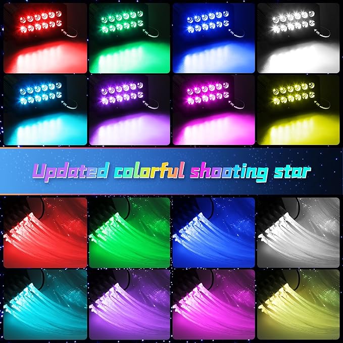Car Starlight Headliner Kit, 4 Colors 32W Twinkle & Meteor Fiber Optic Ceiling Lights, 2 in 1 Light Engine 900pcs*0.03in*13.1ft+240 RGBW Shooting Stars Lights for Car Roof Décor