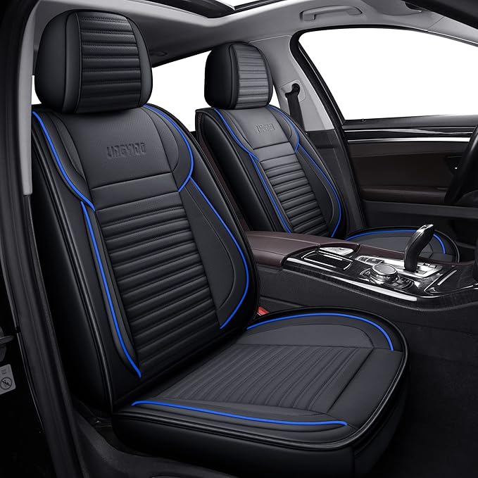 LINGVIDO Full Set Car Seat Covers, Faux Nappa Leather, Airbag Compatible and Waterproof Protectors for Sedans SUVs, Breathable Interior for Active Families, Pets, and Commuters (5 Seats, Black/Blue)