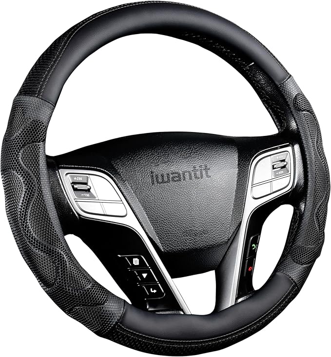 Iwantit® Car Steering Wheel Covers with 3D Silicone Honeycomb for Men,Anti-Slip Design and Breathable Fabric,Universal Fit 14.5-15 Inches (Full Black)