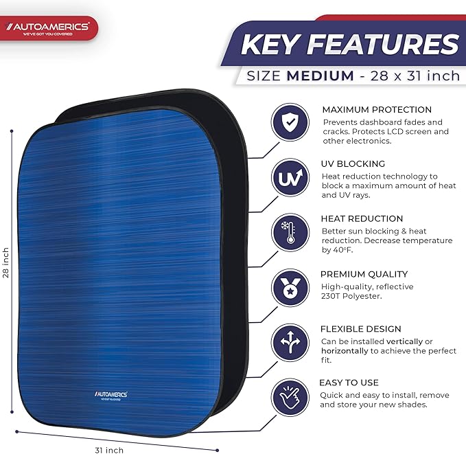 Autoamerics 2-Piece Windshield Sun Shade - Metallic Blue Foldable Car Front Window Sunshade for Most Cars SUV Truck Heat Blocker Visor Protector Blocks Max UV Rays and Keeps Your Vehicle Cool - Medium