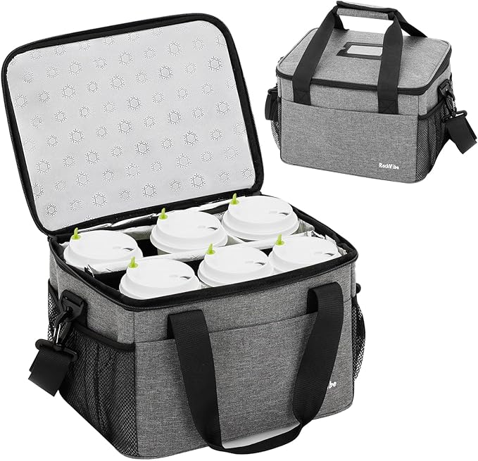 6 Cups Drink Carrier for Delivery, Reusable Cup Holder with Handle, Insulated Collapsible Drink Carrier, Adjustable Dividers, Shoulder Strap, Portable Cooler Tote Bag for Delivery, Travel, Car (Grey)