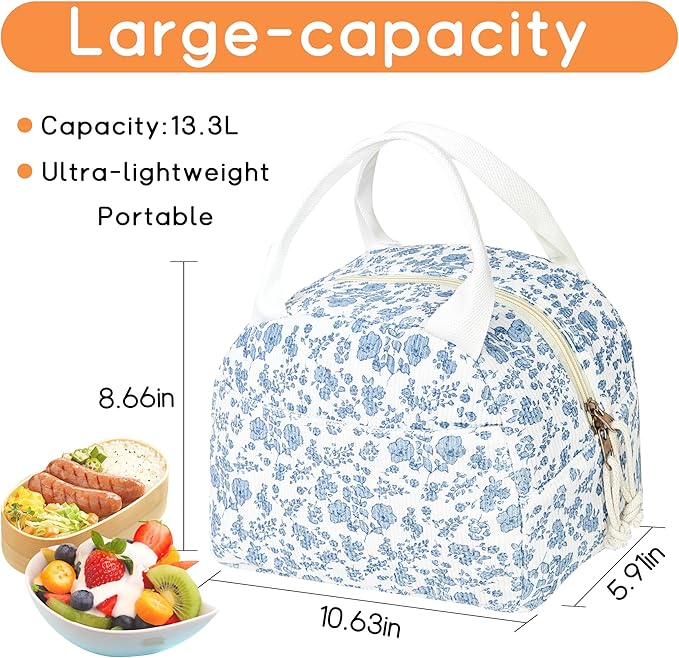 Lunch Bag for Women Insulated Lunch Box Cute Corduroy Lunch Tote Bags Reusable Large Capacity Cooler Bag for Travel Work Picnic