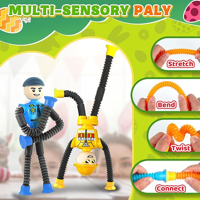 4Pcs Robot Sensory Travel Toys for Boy Toddlers Kids Year Old Ages 3 4 5 6 7 8 9, Airplane Travel Activities Suction Autistic Pop Tube Autism Fidget Toys Easter Basket Stuffer Valentine Gifts
