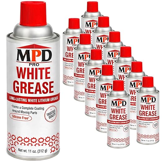 MPD PRO White Lithium Grease Spray, Marine-Grade Drip-Free Lubricant, Non-Staining High-Solid Formula for Garage Doors, Hinges, Chains & Automotive Use – 11 oz (12-Pack)