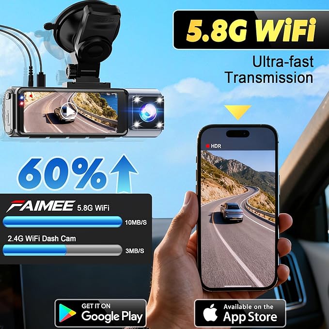 4K+2K+2K 3 Channel Dash Cam Front and Rear with 128GB Card, Dash Camera for Cars 5.8G/2.4G Dual WiFi, Built-in GPS, Night Vision, WDR, 170°Wide Angle, Emergency Lock, 24H Parking Monitor, Deep Black