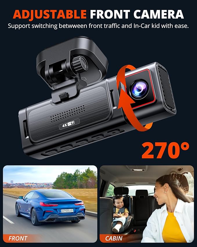 Kingslim D4PRO Dash Cam Front and Rear - 4K + 2K Dual Car Dashcam with WiFi GPS Dash Camera, Optional Inside Recording, Voice Control, Type C, Support 256GB Max