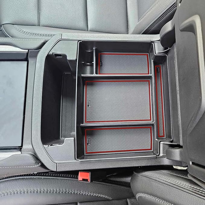 TOPINSTALL 21-26 Red Power-Sliding Console Tray Compatible with 2021-2026 Chevy Tahoe/Suburban/GMC Yukon Accessories, Full-Size Armrest Organizer (Not for Standard Console with Charging Socket!)