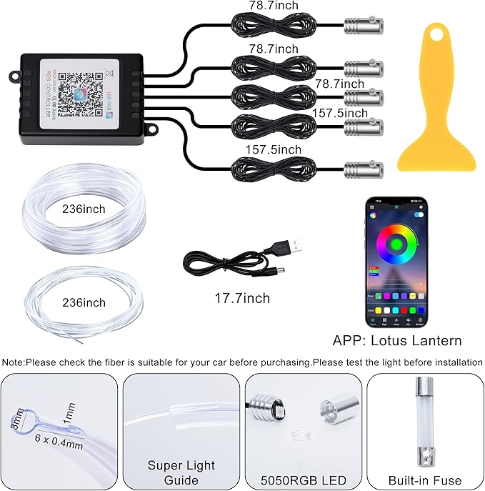 LED Lights for Car Interior - 5 in 1 Wireless Ambient Lighting Kit with 236" Fiber Optic, 16 Million Colors, APP Music Sync - Car Neon Lights for Cars, Trucks, SUVs（USB）