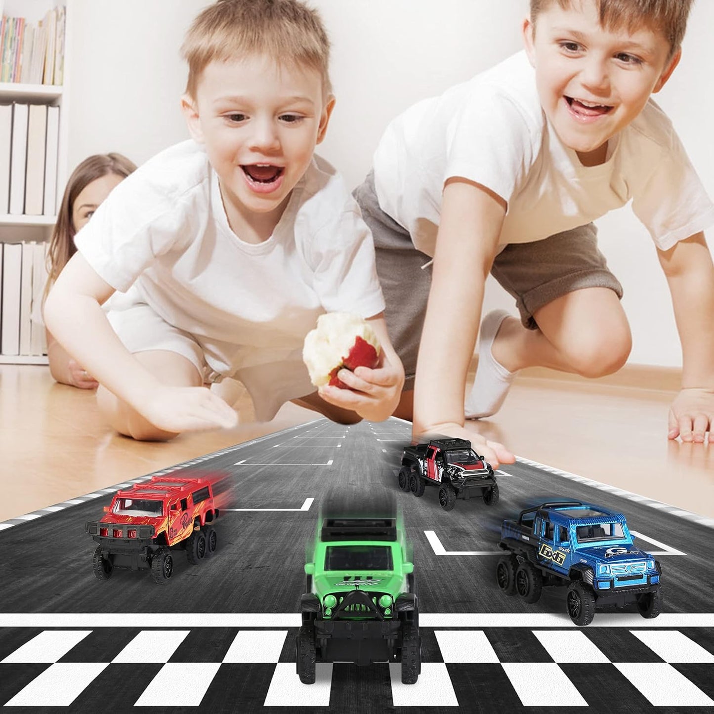 KIDAMI Diecast Toy Trucks 4 Pack Die Cast Metal Toy Cars Pull Back Cars Openable Doors Off-Road Vehicles Birthday Gift for Boys and Toddlers (Colorful)