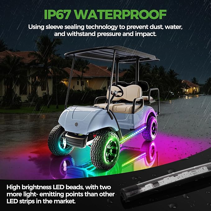 10L0L 2PCS Golf Cart Underglow LED Lights Kit for EZGO Yamaha Club Car, RGB Neon Accent Lighting 24 Modes with Wireless Remote & Music Sync, Waterproof Flexible Tubes 12V-80V Universal Fit