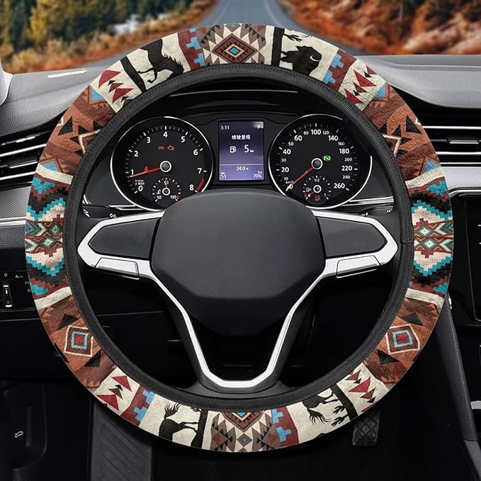 SEANATIVE Aztec Horse Yak Vehicle Steering Wheel Cover Universe Space Universal Stretch Wrap Covers Auto Accessiores 15 inch fit Most Car Van Truck Sedan
