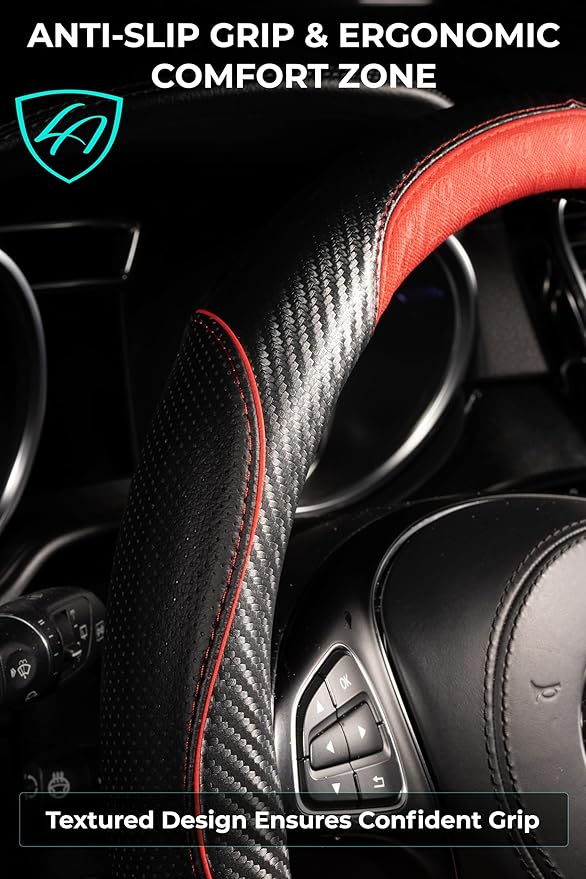 Lord Autofashion Steering Wheel Cover – PU Leather, Non-Slip Rubber Inner, All-Season Comfort – 14.5–15 Inch (Black/Red 7685)