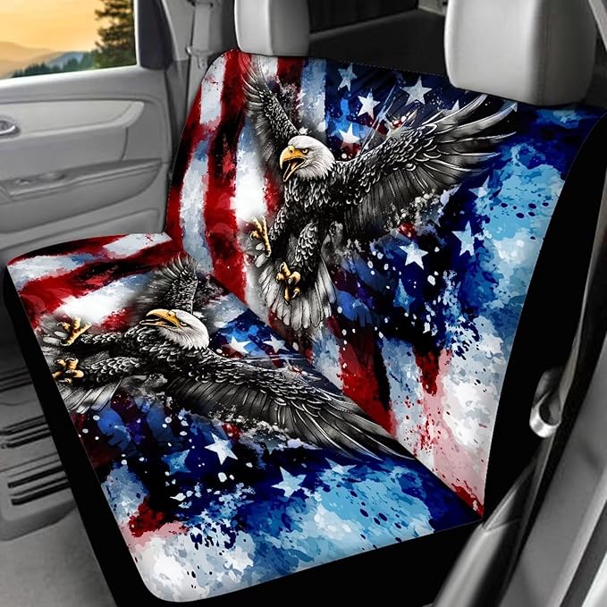 KEIAHUAN Front and Back Car Seat Covers American Flag Eagle Front Seat Cover and Split Rear Bench Seat Cover 4th of July Patriotic Automotive Interior Accessories