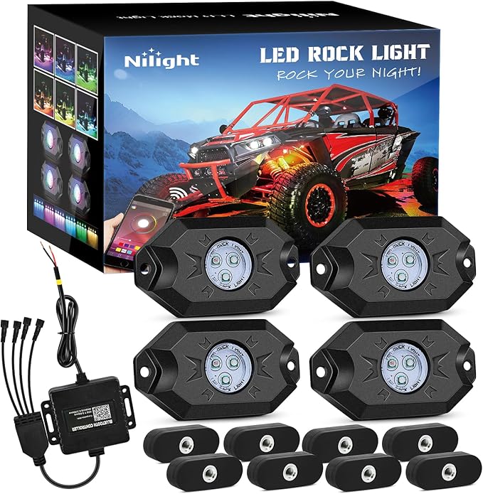 Nilight RGB LED Rock Lights Kit 4 PCS Underglow Multicolor Neon Light Pod with Magnetic Base Bluetooth App Control Flashing Music Mode IP68 Wheel Well Light for Truck ATV UTV RZR SUV
