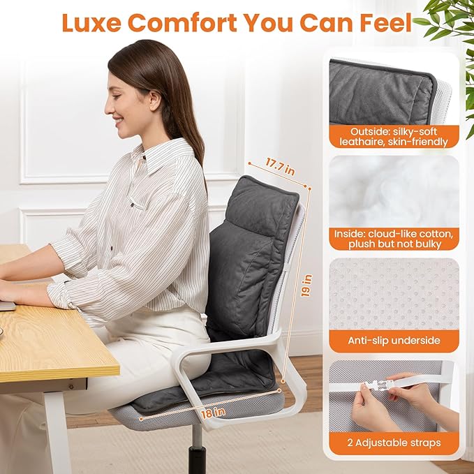 Heated Seat Cushion with Lumbar Support for Office, Heated Seat Cover Pain Relief for Long Sitting, Seat Warmer for Back, Lumbar, Hip, Thigh, Universal Fit, Auto Shut Off, 3 Heat Levels, Dark