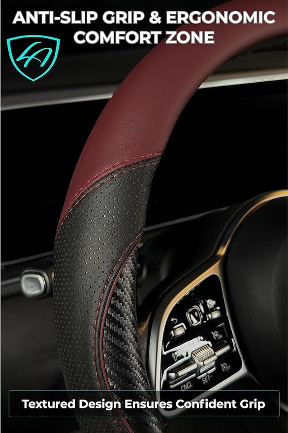 Lord Autofashion Steering Wheel Cover – PU Leather, Non-Slip Rubber Inner, All-Season Comfort – 14.5–15 Inch (Black/Maroon 7685)