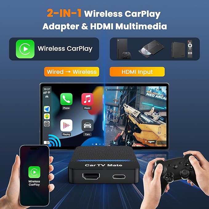 Car TV Mate Pro, Wireless CarPlay & HDMI Adapter, Compatible with Fire TV Stick, iPhone, Screen Throwers, Car Video Box Compatible with Factory Wired CarPlay Vehicles from 2016 & iOS 10+ i Phone