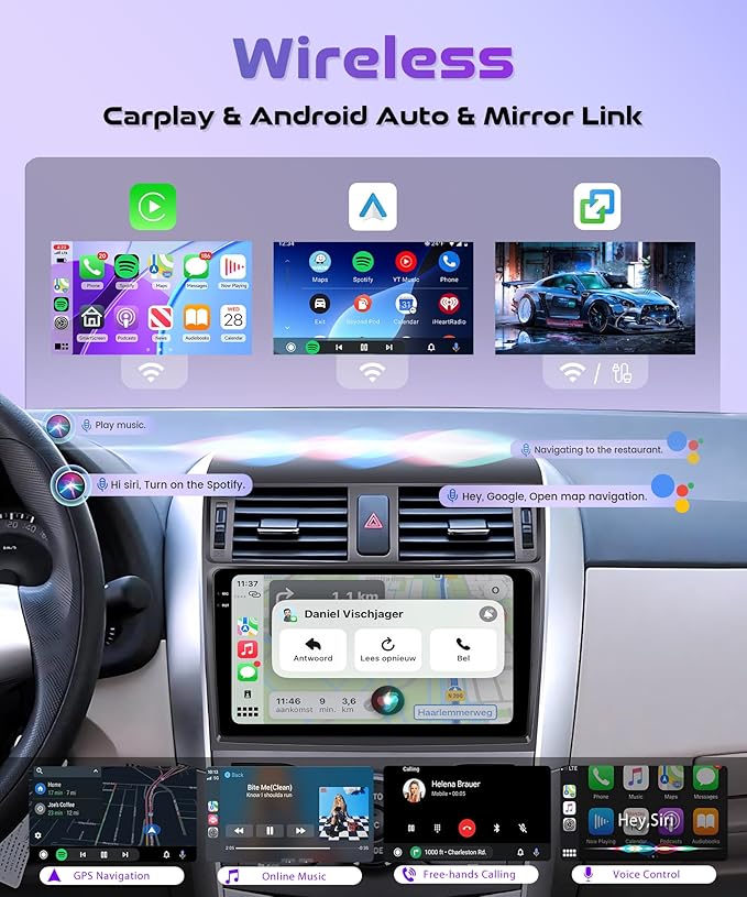 4Core 4G+128G Android 15 Car Radio for Toyota Corolla 2009-2013, Rimoody Car Stereo Wireless Carplay Andorid auto Mirror Link 9'' HD Touchscreen GPS WiFi Bluetooth 5.0 FM/RDS EQ-32 SWC Backup Camera