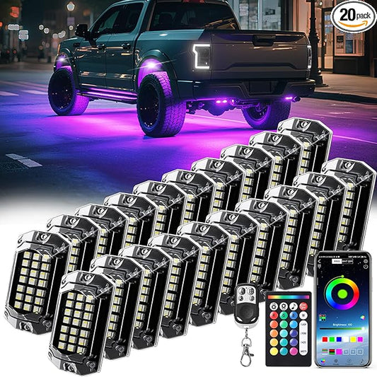 20 Pods Full Angle RGBW LED Rock Lights for Truck Jeeps RV Pickup Offroad UTV SUV Van, Upgraded RGB Waterproof Multicolor Neon Underglow Kit with APP/RF Remote Vehicle Underbody Light Underneath 12V