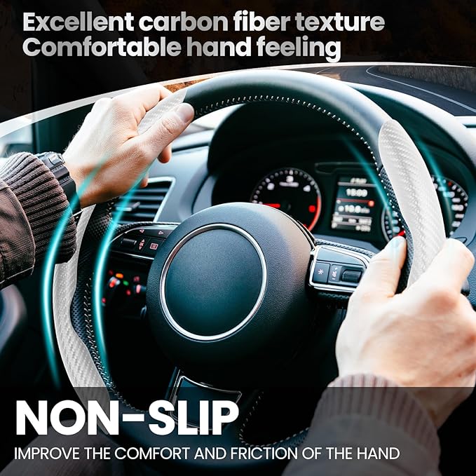 GSPSCN Universal Car Carbon Fiber Steering Wheel Cover Anti-Skid,Butterfly Steering Wheel Cover,Non-Slip Segmented Steering Wheel Protector,Fit for 99% Cars,Car Interior Accessories (White)