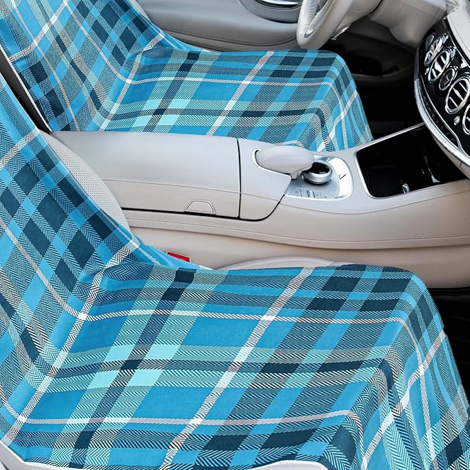 2 Pack Car Seat Towel Covers with Storage Bag 63 x 32 Inch Athletic Running Towel Seat Sweat Washable Non Slip Cover Gift for Car Outdoor Sport Activities (Blue Plaid)