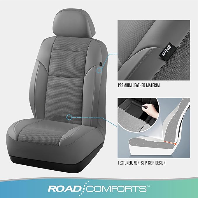 Road Comforts Front Leather Mesh Car Seat Cover - Breathable & Stylish, Airbag Compatible, Universal Fit for Cars, SUVs, Trucks, and Vans - Gray Color