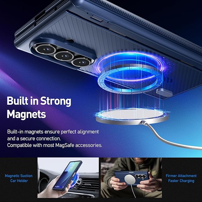 Poetic Revolution Flex Case for Galaxy Z Fold 7, [Hidden Foldable Kickstand][Hinge Protection][MagSafe Compatible], Full Body Shockproof Galaxy Z Fold 7 Cover with Built-in-Screen Protector, Navy Blue