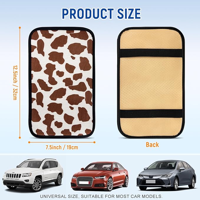 Cow Print Car Center Console Cover, Cute Armrest Mat Cushion Pad, Automotive Interior Accessories for Most Vehicle, SUV, Truck Arm Rest Box (Cow, Brown)