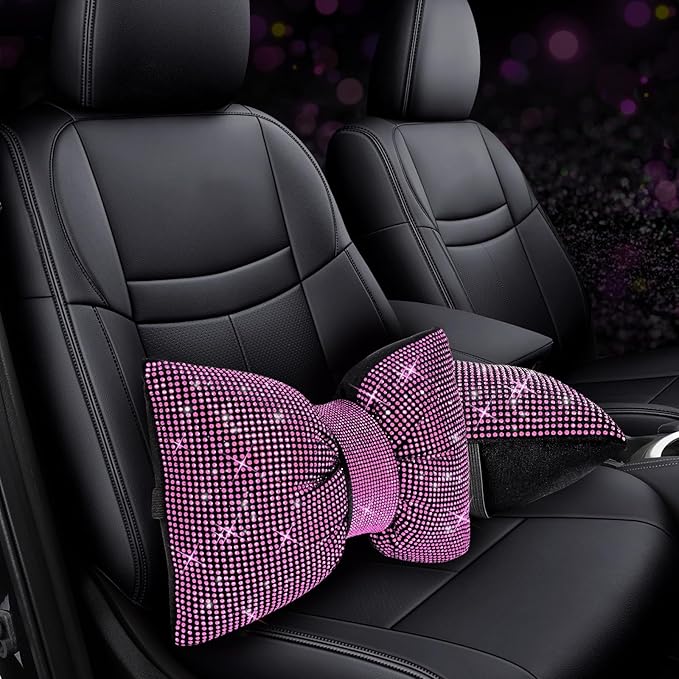 4 PCS Bling Car Pillows,Rhinestones Bowknot Car Headrest Pillow,Car Neck Pillow for Driver Relax Necksupport,Sleeping Travel Support Neck Pillow,Shiny Diamond Interior Accessories for Women,Pink