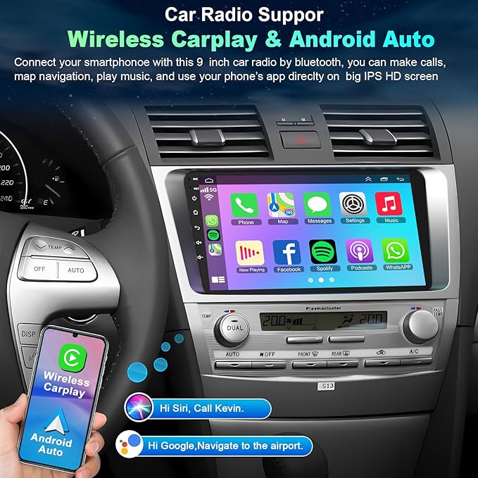 4G+64G Car Radio Stereo for Toyota Camry 2006-2011, Wireless Carplay&Android Auto with Android 13 Support Bluetooth/Voice Control/GPS/WiFi/Back-up Camera/SWC/FM, 9 Inch IPS Touch Screen