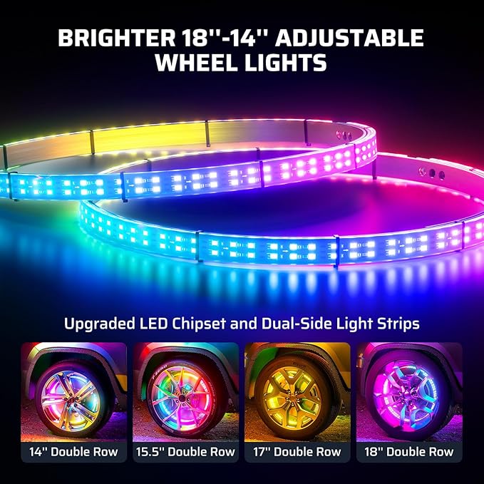 Ehaho 14''-18'' Double Row Adjustable Wheel Lights, Brighter RGB Chasing Rim Lights with App, Music Wheel Ring Light with Turn & Braking Signal Compatible with Various Trucks SUV Car（4PCS）