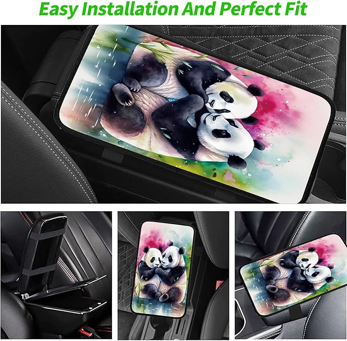 Car Armrest Cover Pads Universal Fashion Cute Auto Center Console Armrest Cover Pad with 2PCS Car Coasters Soft Waterproof Car Armrest Seat Protector for Women Girls, Cute Panda