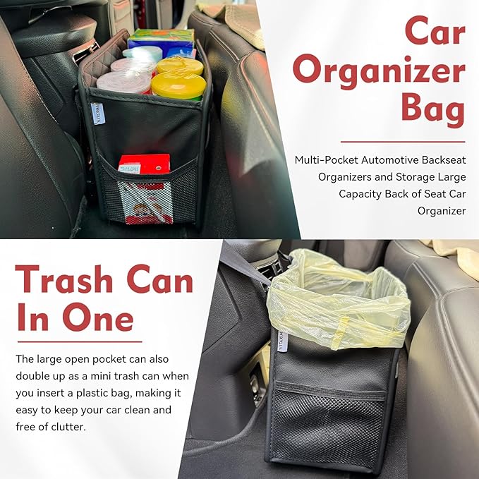 Witaxima Upgraded Extra Large Car Seat Organizer Backseat with 3 Storage Pockets, Multipurpose Car Organizer Hanging Car Trash Bag Can Premium PU Leather Garbage Can 3 Gallon Large Capacity, Black.